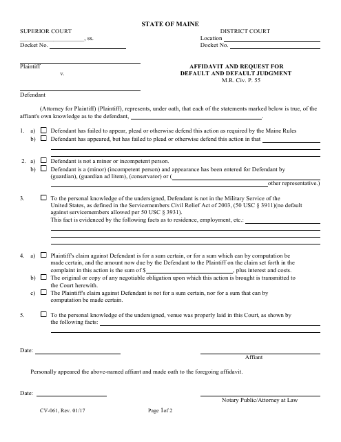 Form CV-061 Affidavit and Request for Default and Default Judgment - Maine