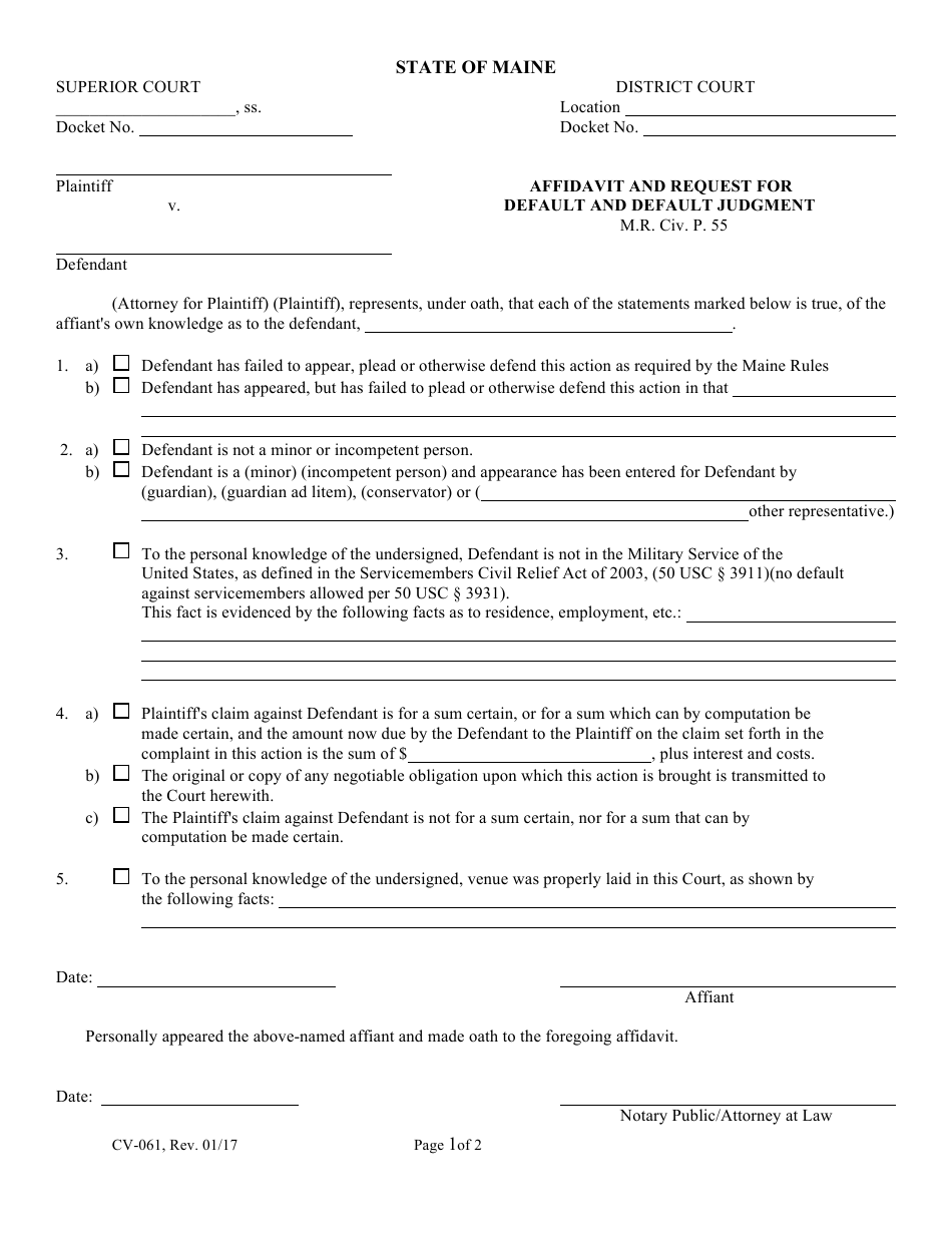 Form CV-061 Affidavit and Request for Default and Default Judgment - Maine, Page 1