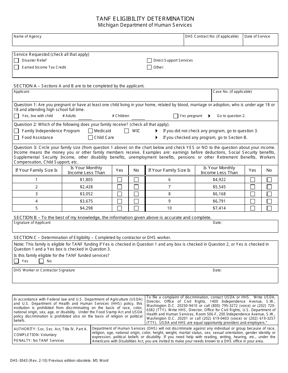 Form DHS-3043 TANF Eligibility Determination - Michigan, Page 1