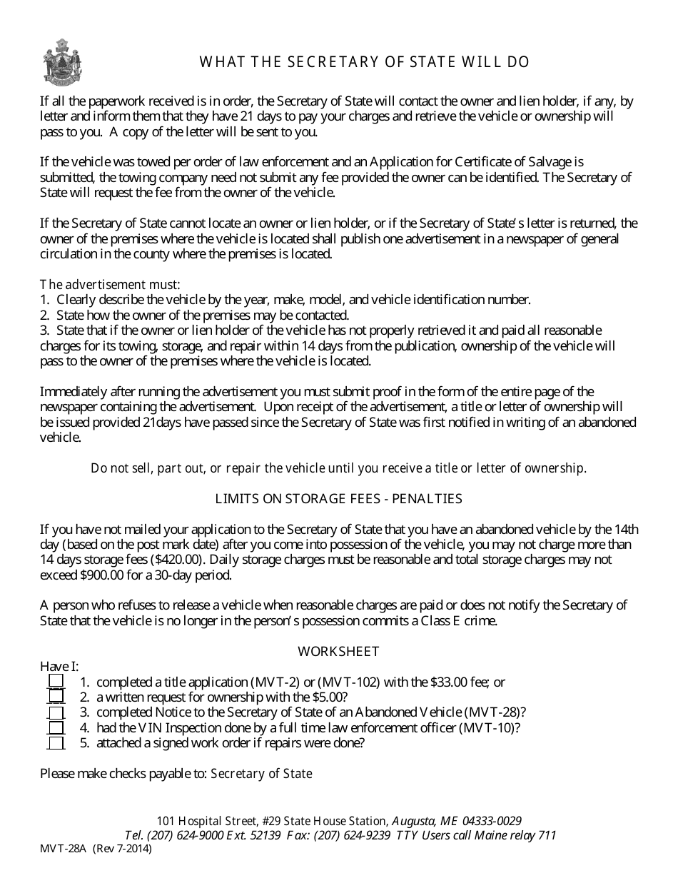 Instructions for Form MVT-28 Notice to the Secretary of State of an Abandoned Vehicle - Maine, Page 2