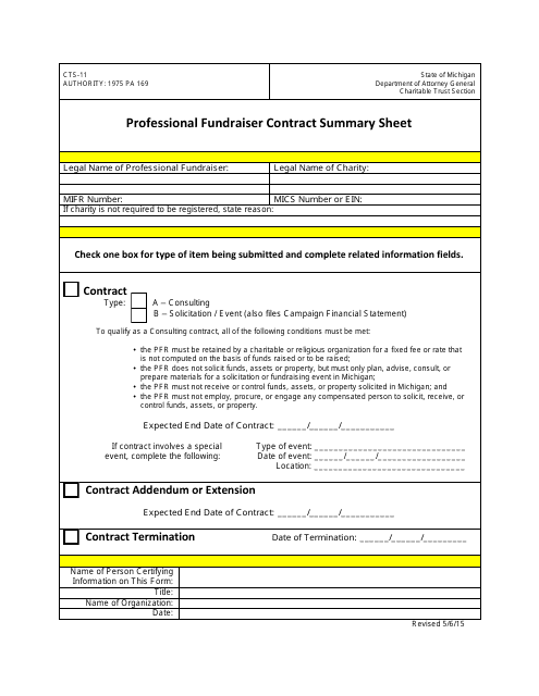 Form CTS-11 Professional Fundraiser Contract Summary Sheet - Michigan