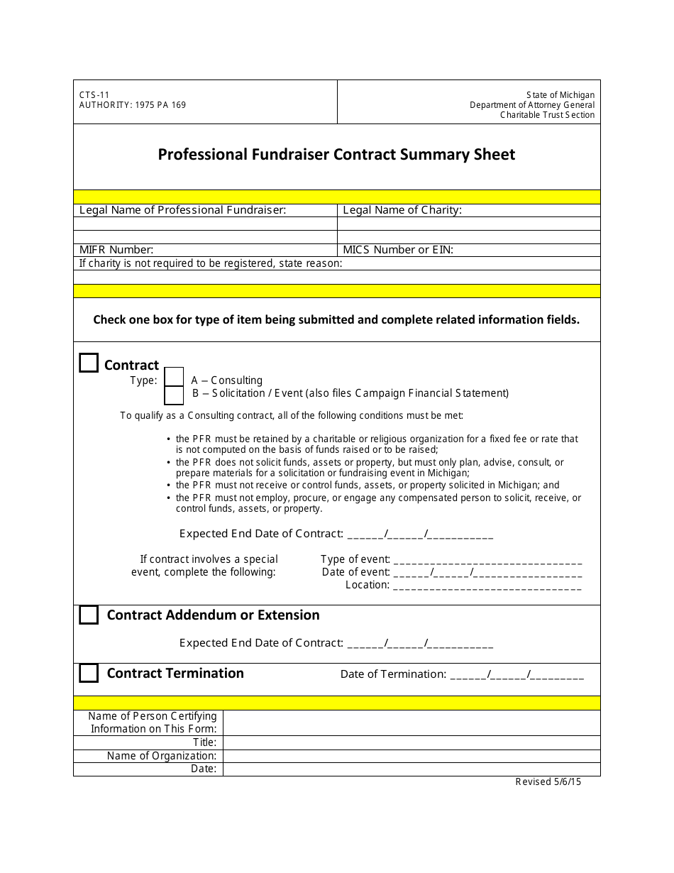 Form CTS-11 Professional Fundraiser Contract Summary Sheet - Michigan, Page 1