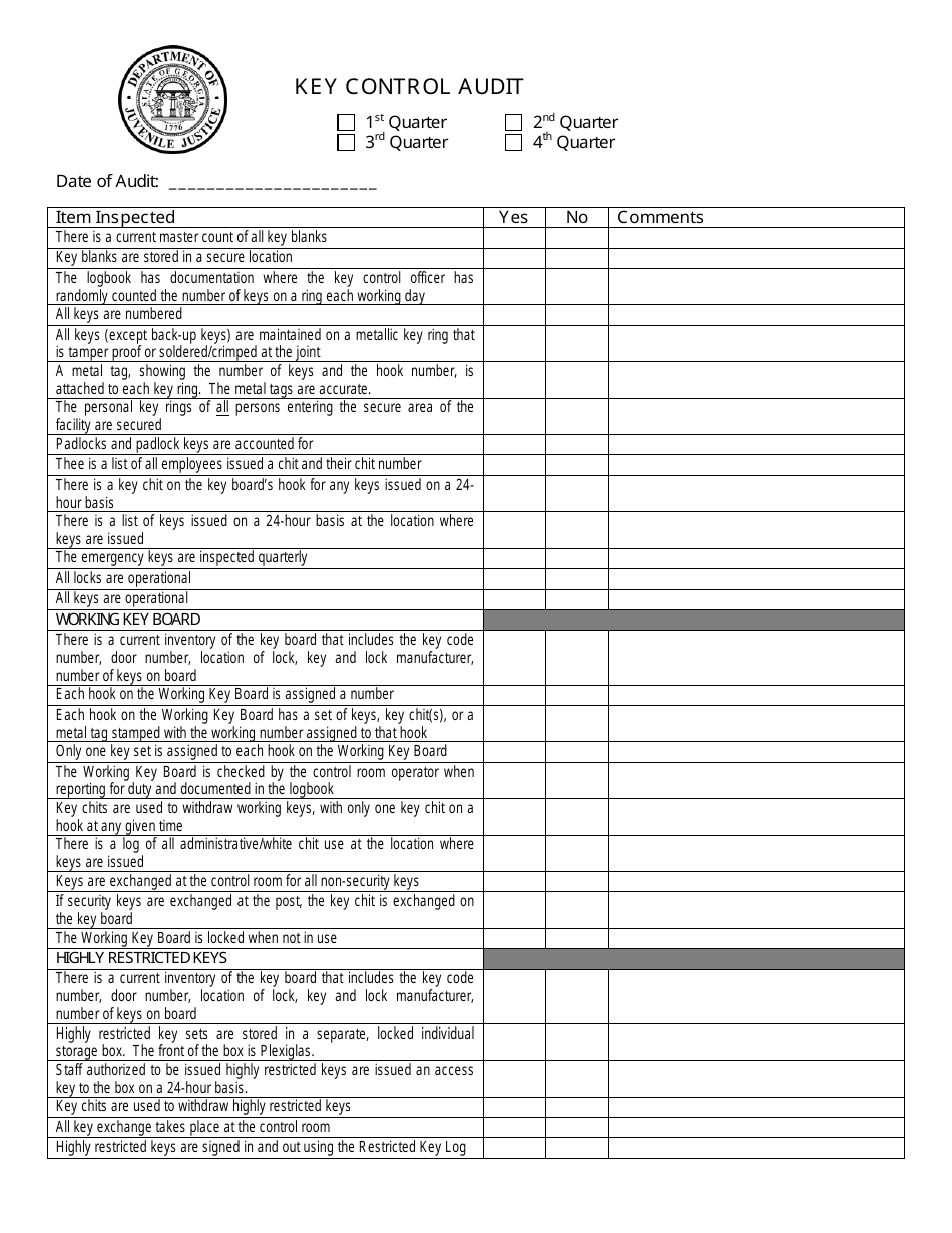 Key Control Audit Form - Georgia (United States), Page 1