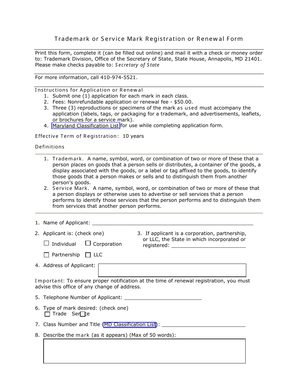 Trademark or Service Mark Registration or Renewal Form - Maryland, Page 1