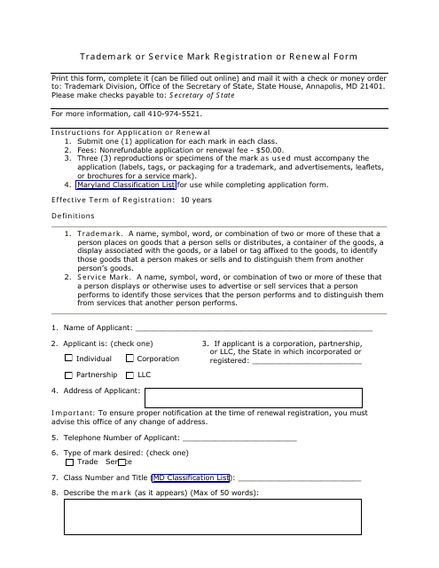 Trademark or Service Mark Registration or Renewal Form - Maryland
