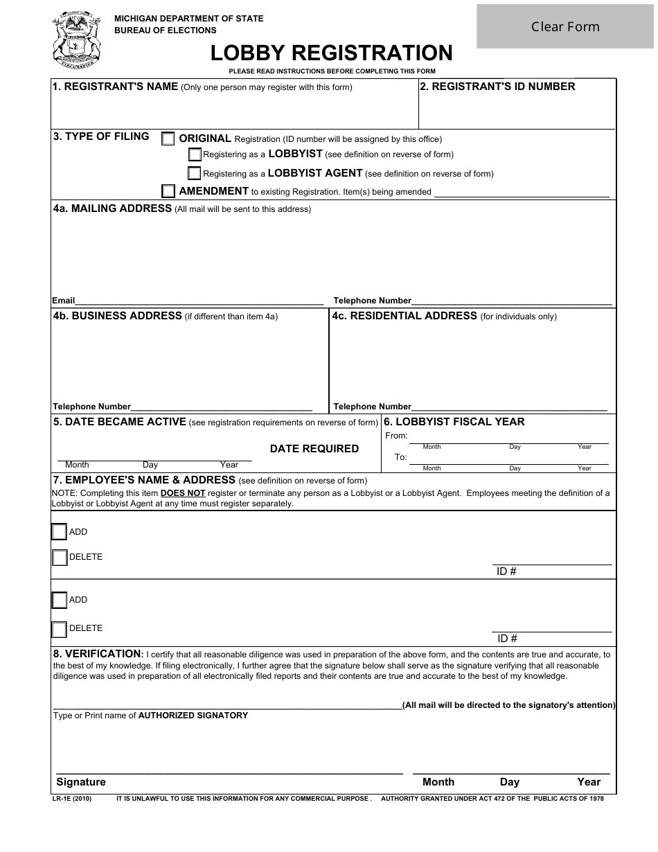 Form LR-1E Lobby Registration - Michigan, Page 1