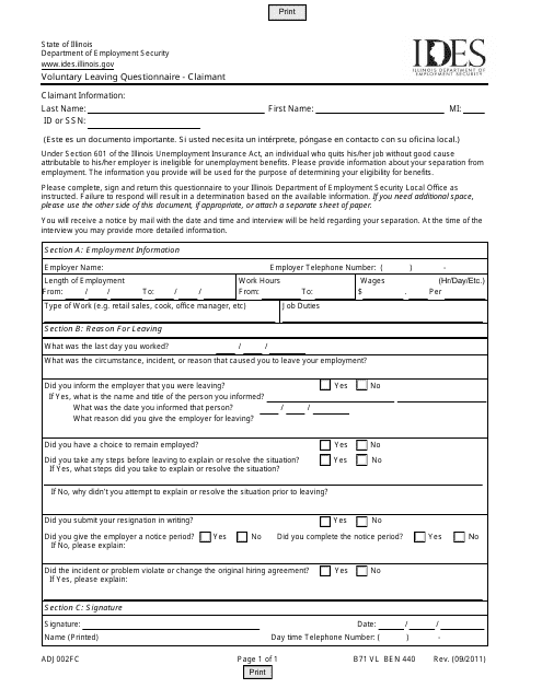 Form ADJ002FC Voluntary Leaving Questionnaire - Claimant - Illinois