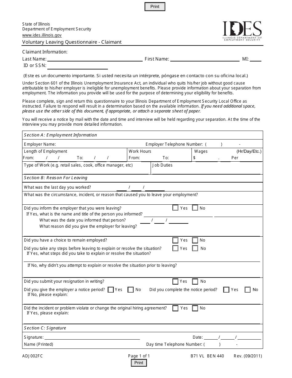 Form ADJ002FC Voluntary Leaving Questionnaire - Claimant - Illinois, Page 1