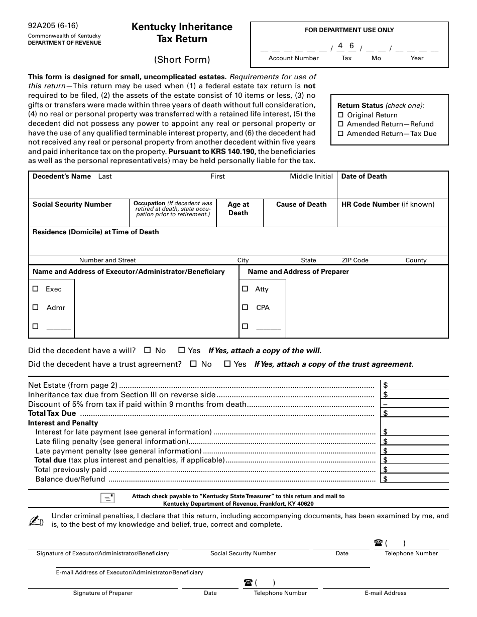 Form 92A205 Kentucky Inheritance Tax Return - Short Form - Kentucky, Page 1