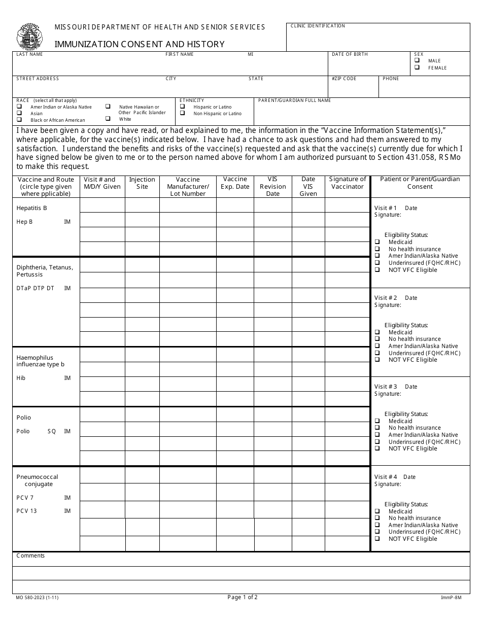 Form MO580-2023 Immunization Consent and History - Missouri, Page 1