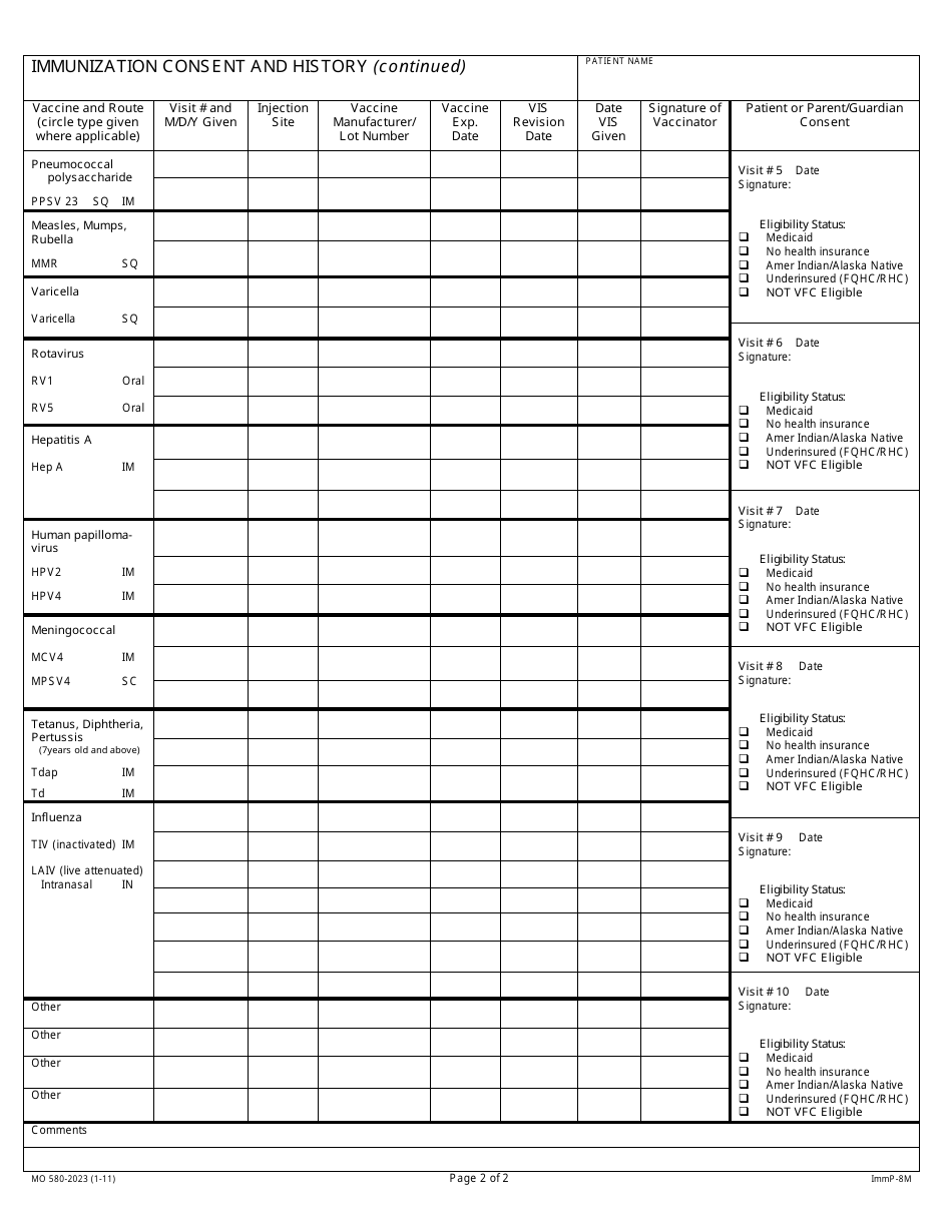 Form MO580-2023 Immunization Consent and History - Missouri, Page 2