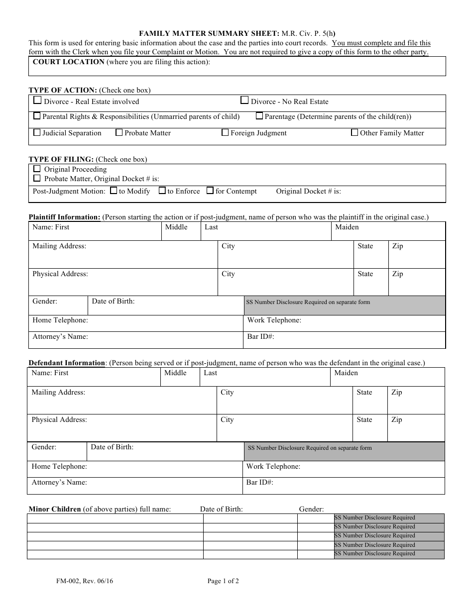 Form FM-002 Family Matter Summary Sheet - Maine, Page 1
