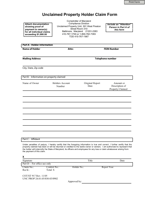 Form COT/ST917 Unclaimed Property Holder Claim Form - Maryland
