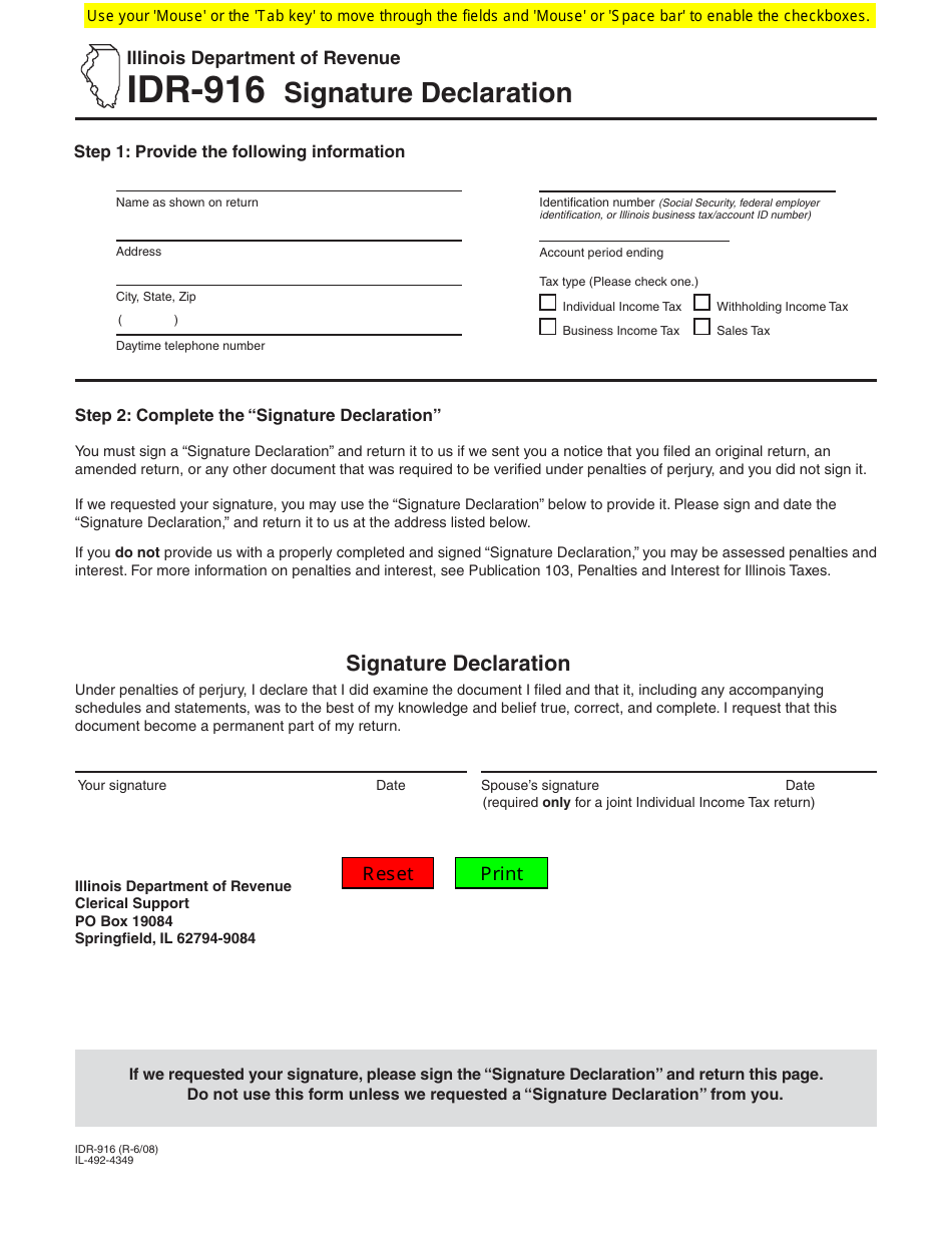 Form IDR-916 Signature Declaration - Illinois, Page 1