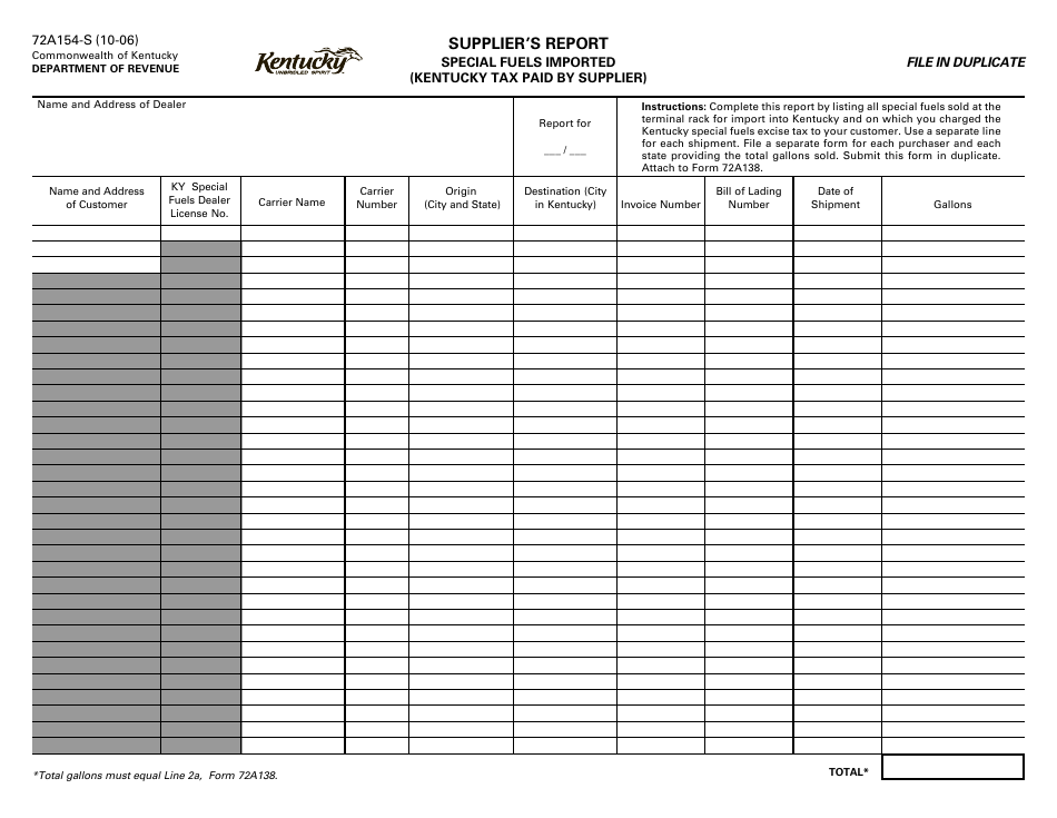 Form 72A154-S Suppliers Report - Special Fuels Imported (Kentucky Tax Paid by Supplier) - Kentucky, Page 1