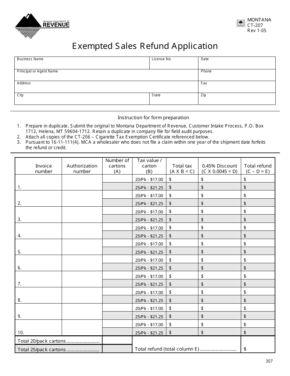 Form CT-207 Exempted Sales Refund Application - Montana, Page 1