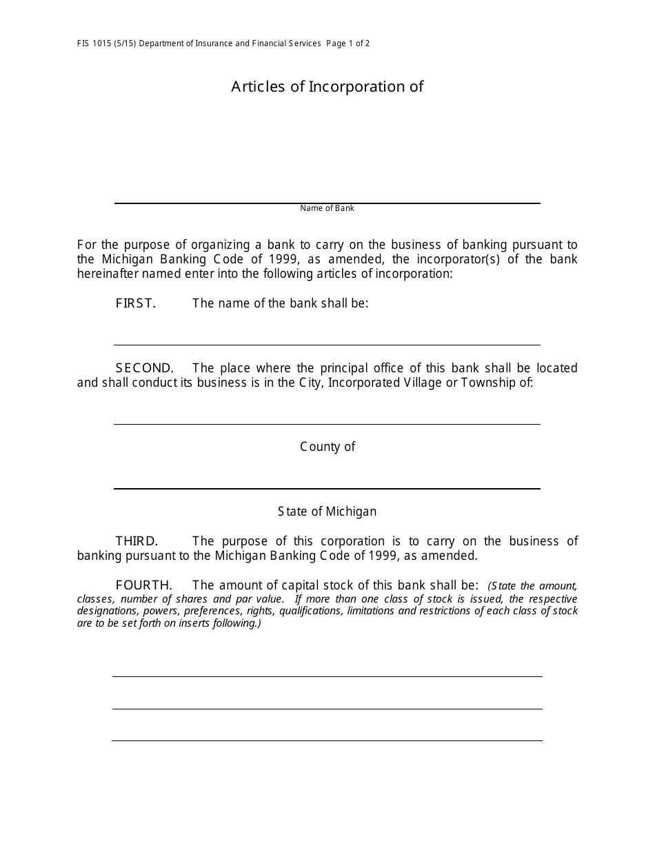 Form FIS1015 Articles of Incorporation - Bank - Michigan, Page 1