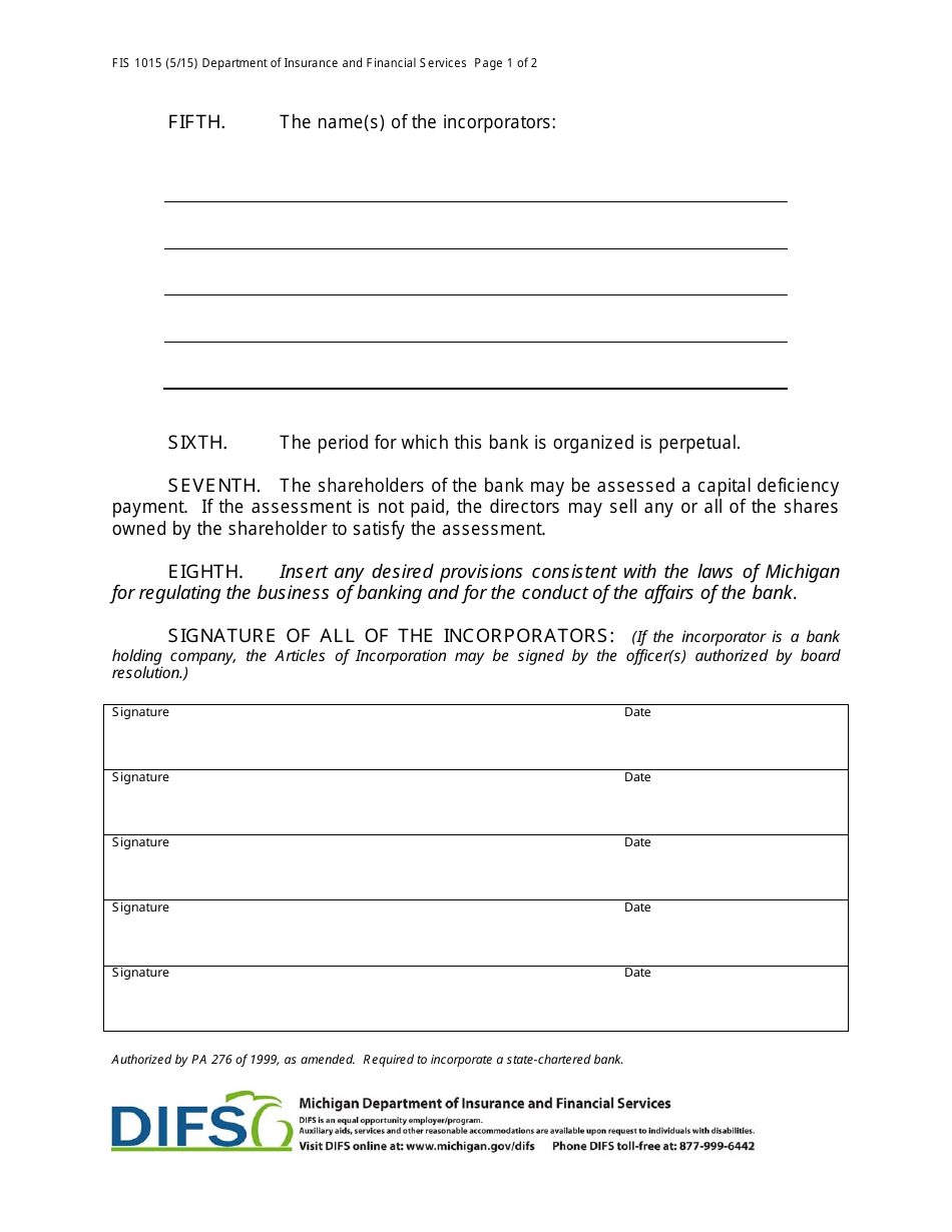 Form FIS1015 Articles of Incorporation - Bank - Michigan, Page 2
