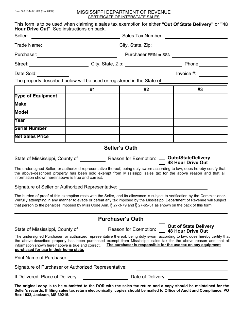 Form 72-315-14-8-1-000 Certificate of Interstate Sales - Mississippi, Page 1