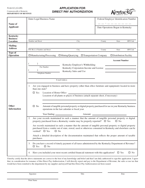 Form 51A112 Application for Direct Pay Authorization - Kentucky