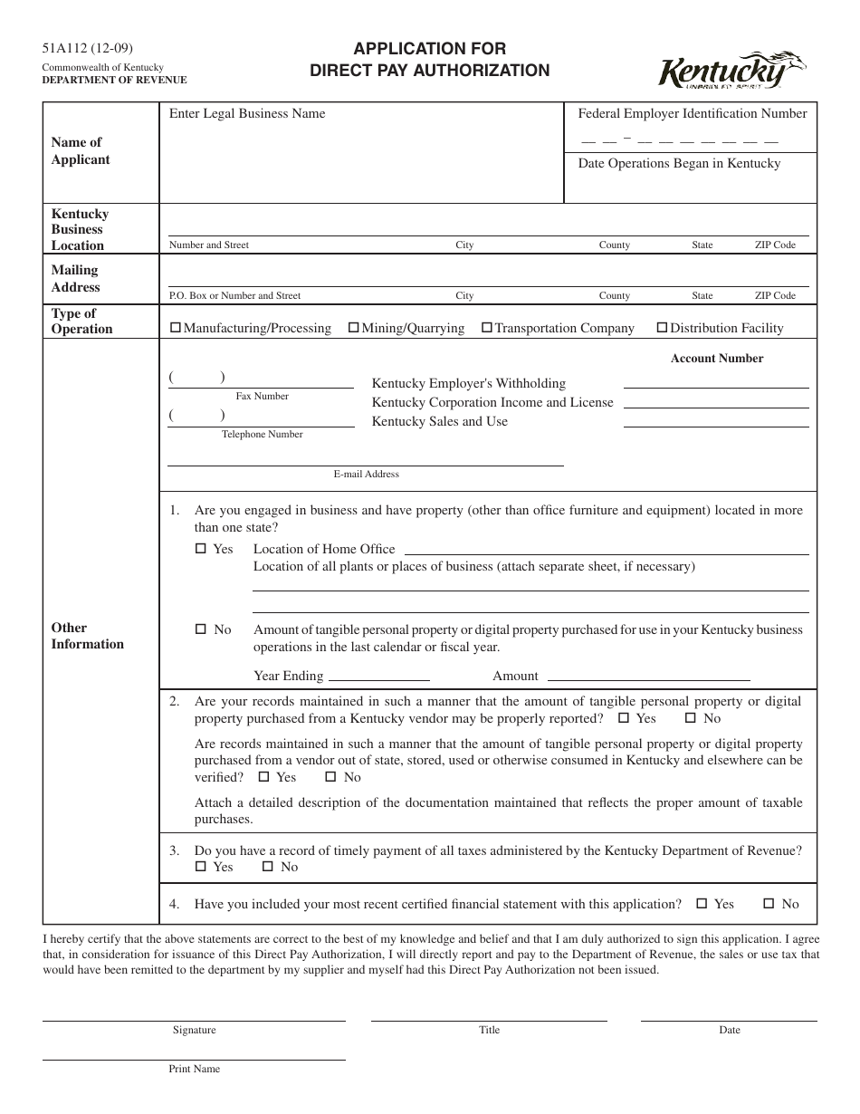 Form 51A112 Application for Direct Pay Authorization - Kentucky, Page 1