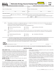 Form 13E Nebraska Energy Source Exempt Sale Certificate - Nebraska