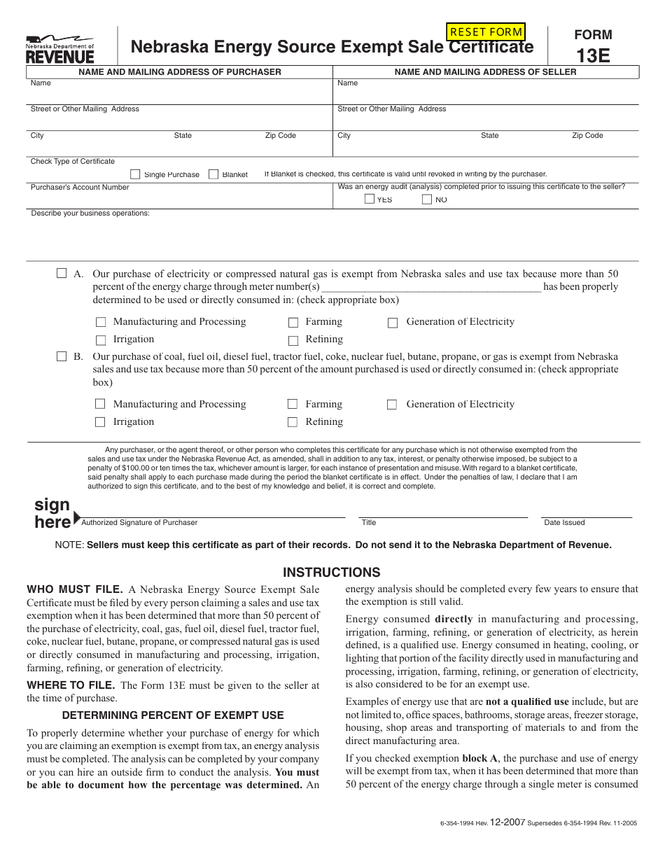 Form 13E Nebraska Energy Source Exempt Sale Certificate - Nebraska, Page 1