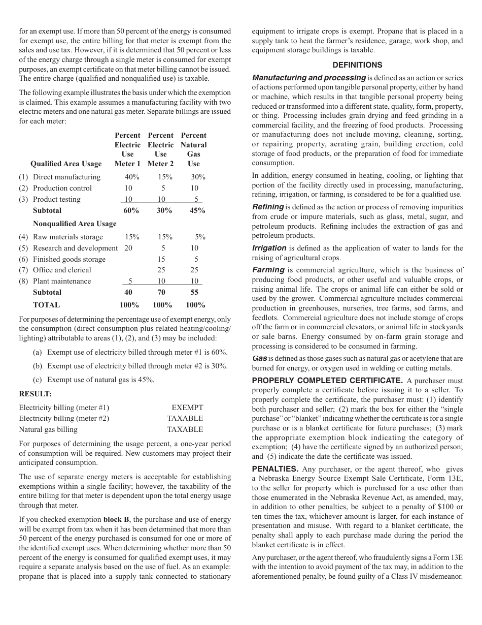 Form 13E Nebraska Energy Source Exempt Sale Certificate - Nebraska, Page 2
