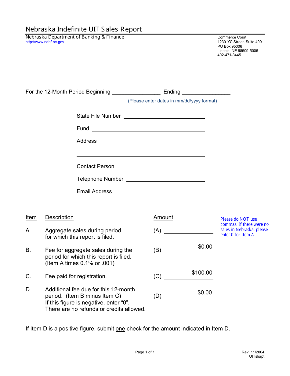 Nebraska Indefinite Uit Sales Report Form - Nebraska, Page 1