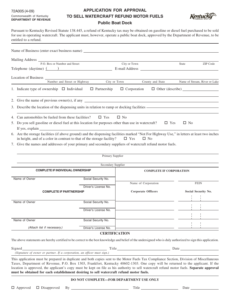 Form 72A005 Application for Approval to Sell Watercraft Refund Motor Fuels - Public Boat Dock - Kentucky, Page 1