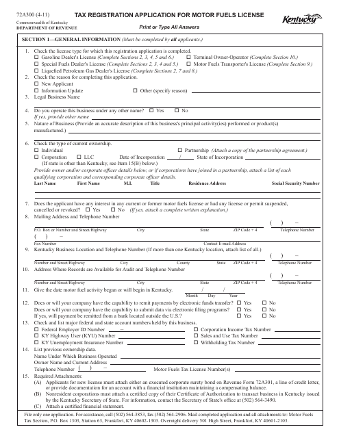 Form 72A300 Tax Registration Application for Motor Fuels License - Kentucky