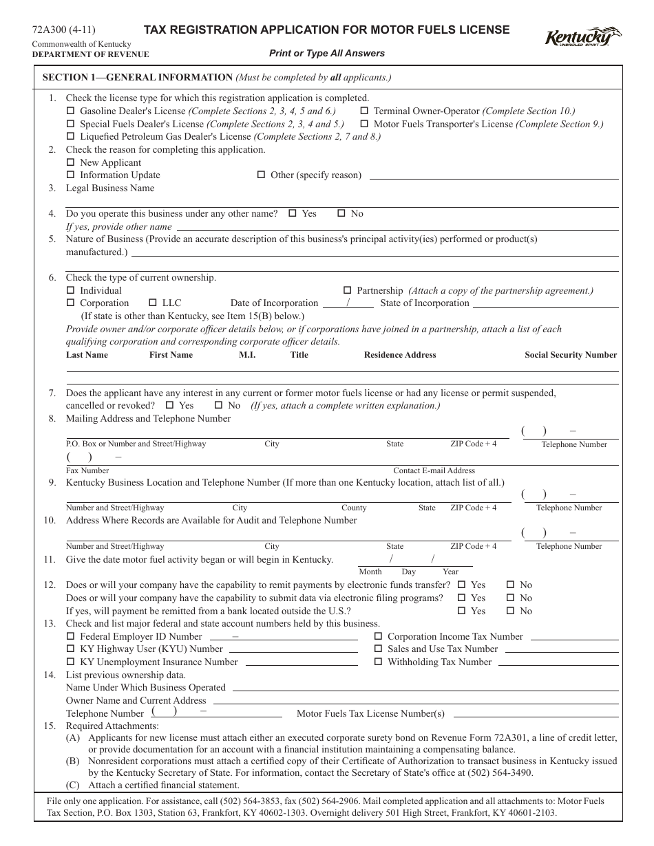 Form 72A300 Tax Registration Application for Motor Fuels License - Kentucky, Page 1