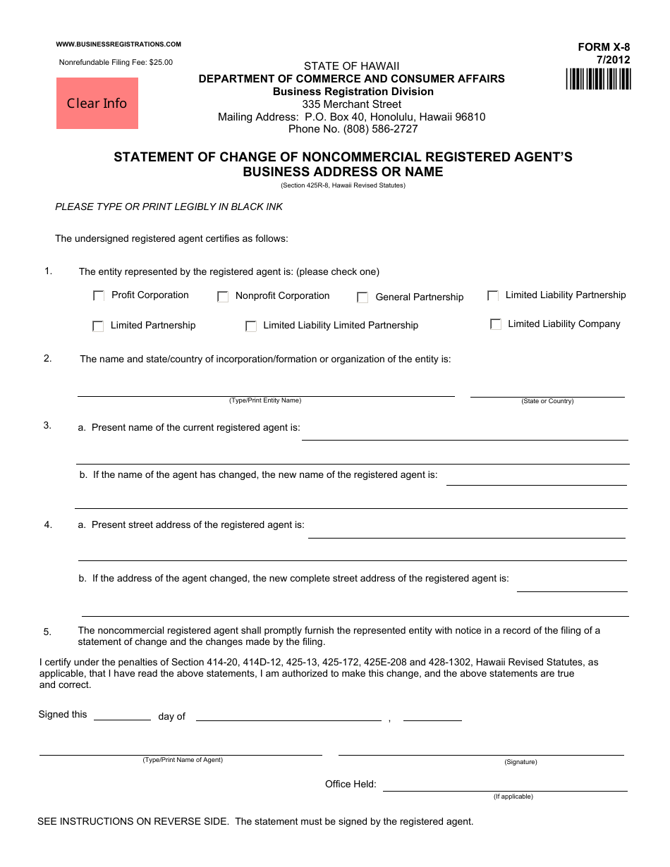 Form X-8 Statement of Change of Noncommercial Registered Agents Business Address or Name - Hawaii, Page 1