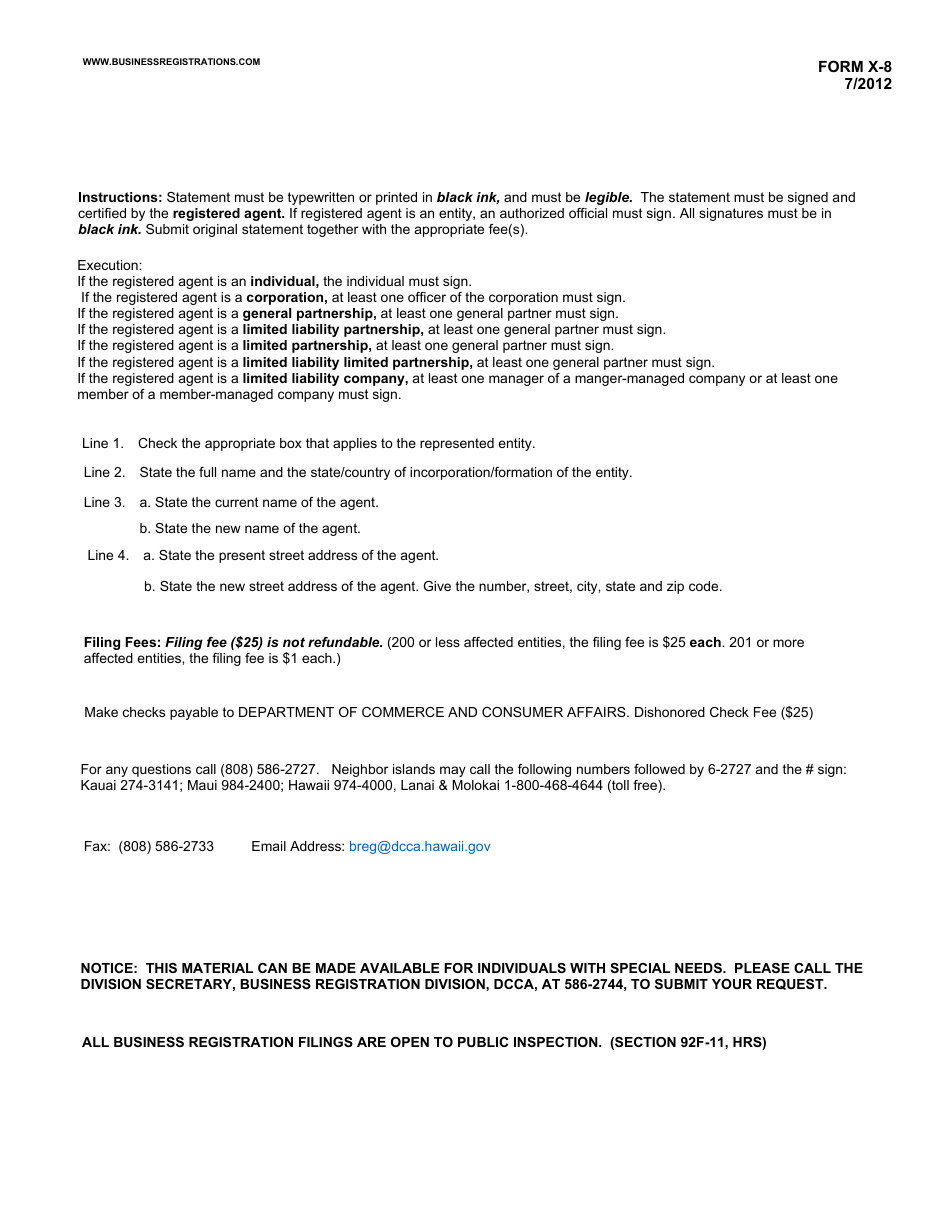 Form X-8 Statement of Change of Noncommercial Registered Agents Business Address or Name - Hawaii, Page 2