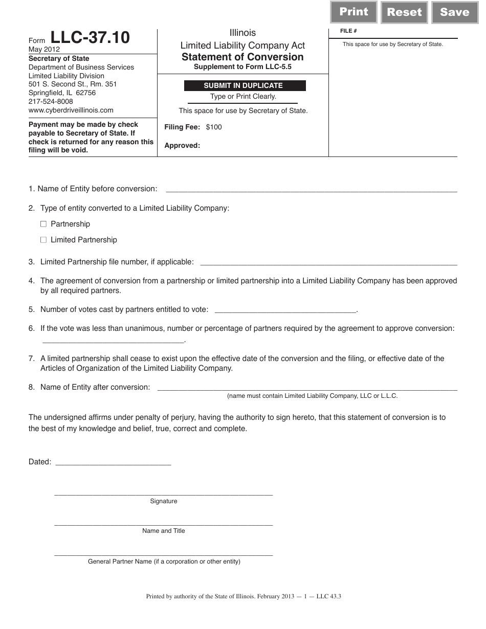 Form LLC-37.10 Statement of Conversion - Illinois, Page 1