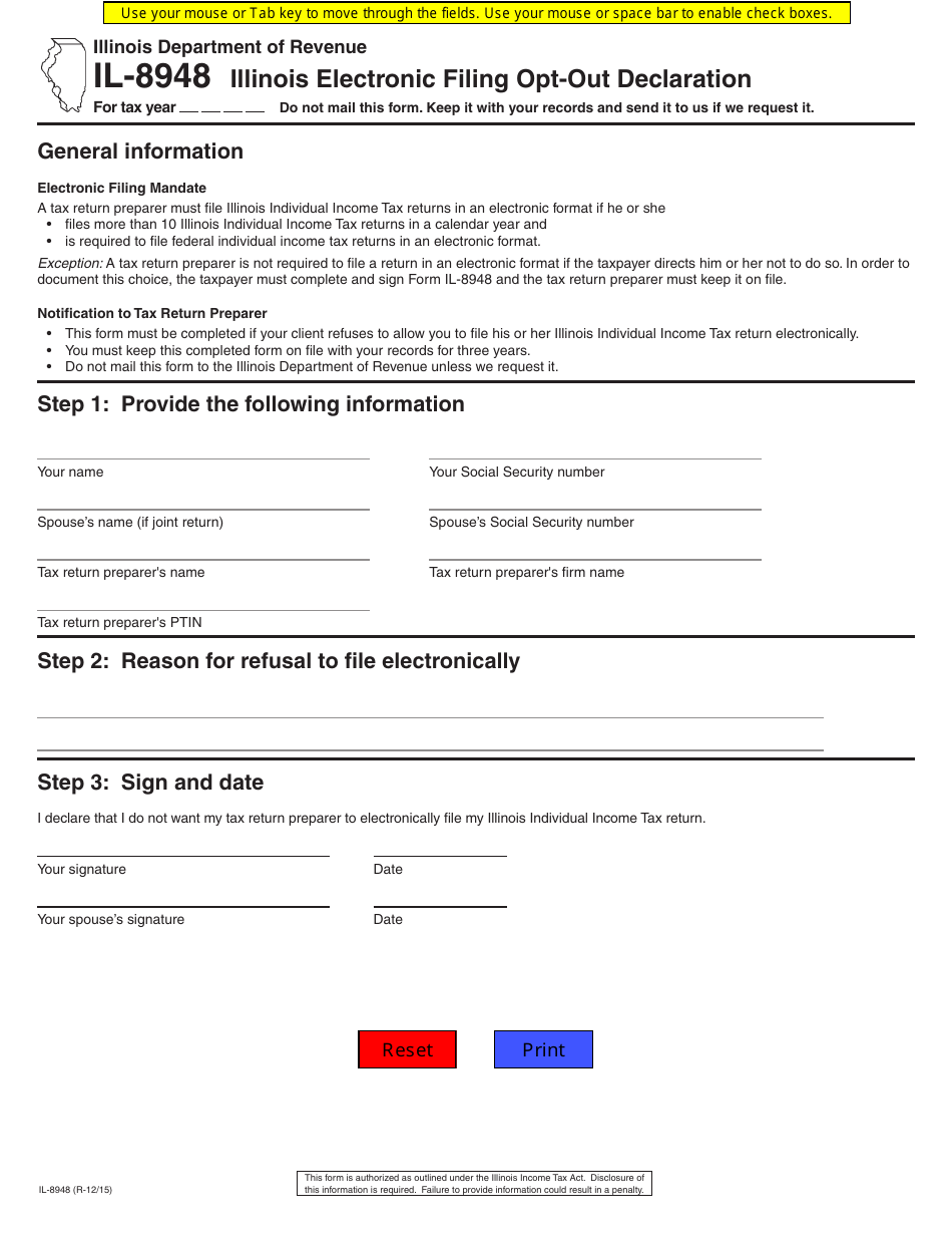 Form IL-8948 Illinois Electronic Filing Opt-Out Declaration - Illinois, Page 1