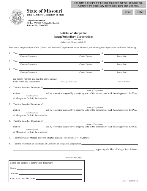 Form CORP.51A Articles of Merger for Parent/Subsidiary Corporations - Missouri