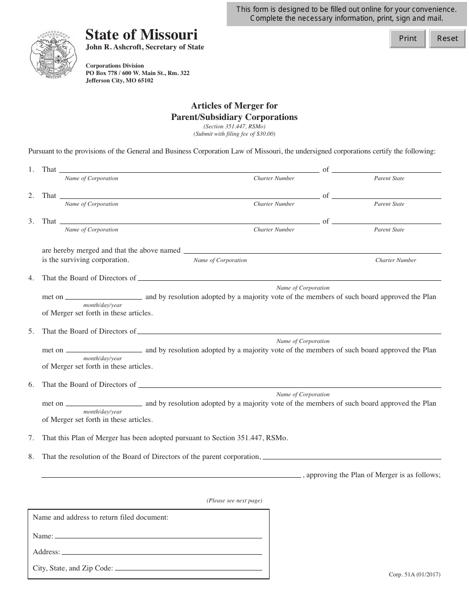 Form CORP.51A Articles of Merger for Parent / Subsidiary Corporations - Missouri, Page 1