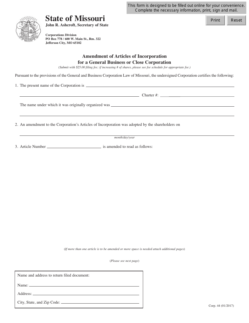 Form CORP.44 Amendment of Articles of Incorporation for a General Business or Close Corporation - Missouri, Page 1