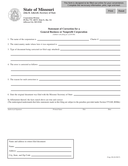 Form CORP.60 Statement of Correction for a General Business or Nonprofit Corporation - Missouri