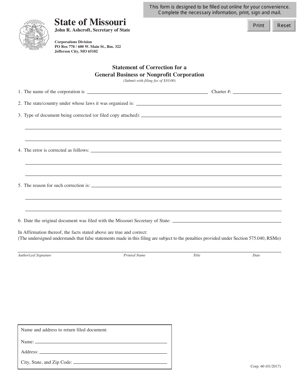 Form CORP.60 Statement of Correction for a General Business or Nonprofit Corporation - Missouri, Page 1