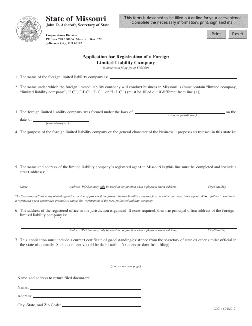 Form LLC-4 Application for Registration of a Foreign Limited Liability Company - Missouri