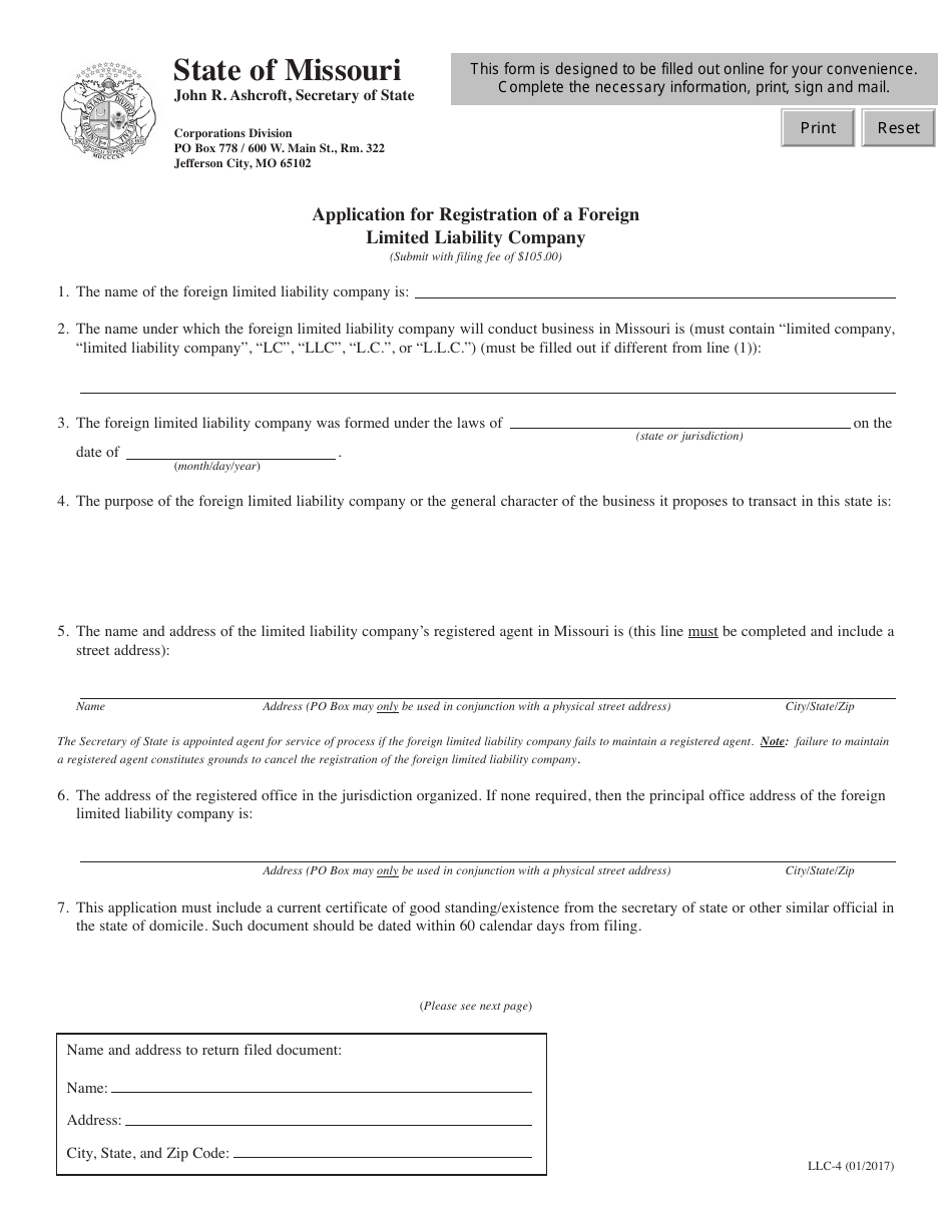 Form LLC-4 Application for Registration of a Foreign Limited Liability Company - Missouri, Page 1