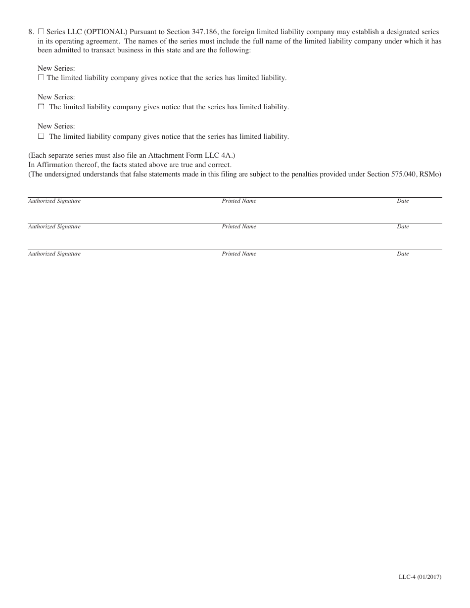 Form LLC-4 Application for Registration of a Foreign Limited Liability Company - Missouri, Page 2