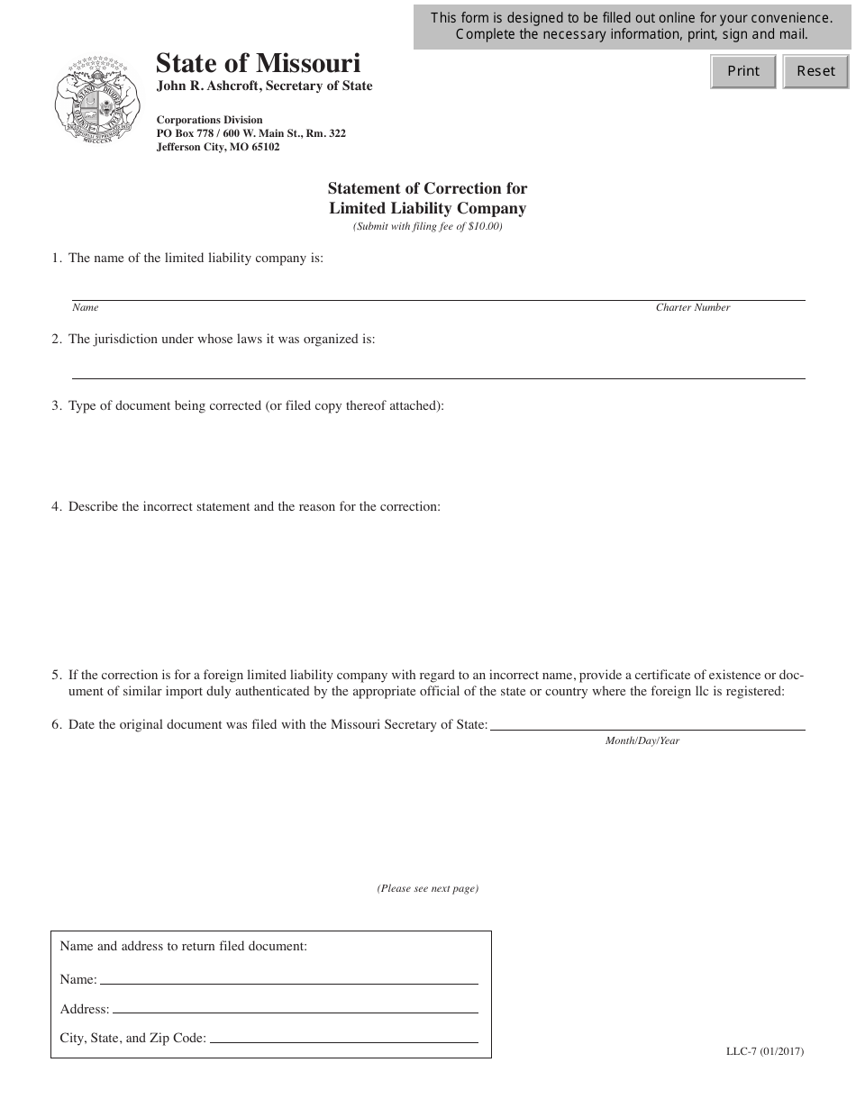 Form LLC-7 Statement of Correction for Limited Liability Company - Missouri, Page 1