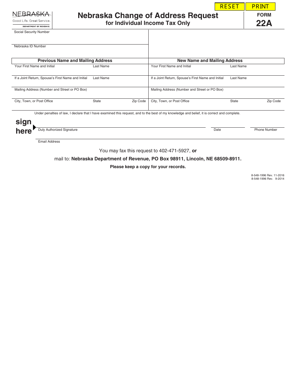 Form 22A Nebraska Change of Address Request - Nebraska, Page 1