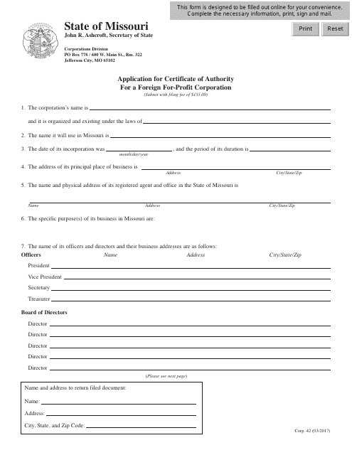 Form CORP.42 Application for Certificate of Authority for a Foreign for-Profit Corporation - Missouri