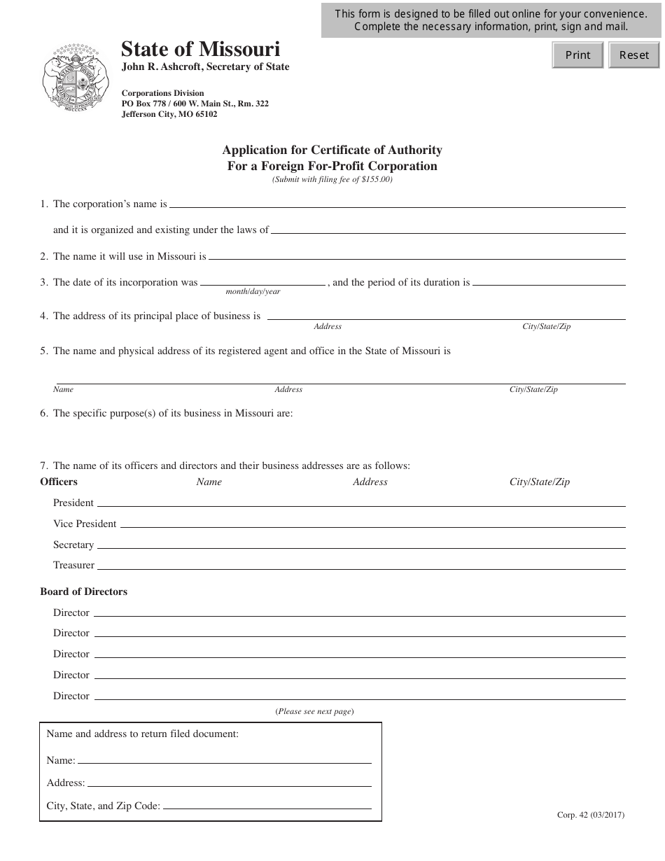Form CORP.42 Application for Certificate of Authority for a Foreign for-Profit Corporation - Missouri, Page 1