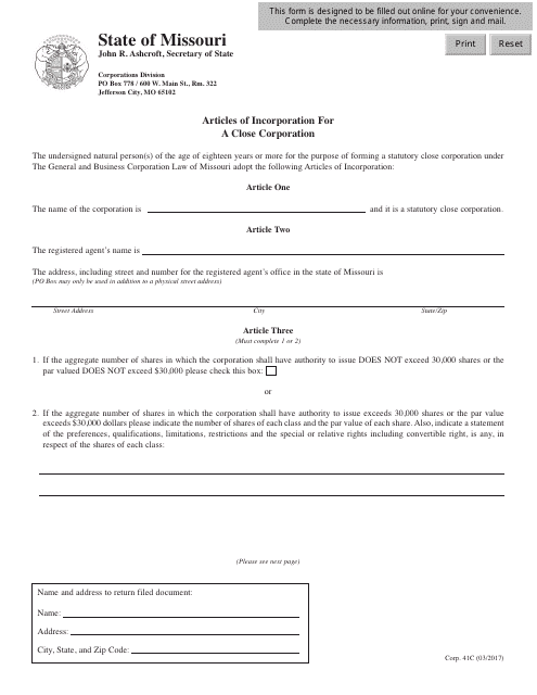 Form CORP.41C Articles of Incorporation for a Close Corporation - Missouri