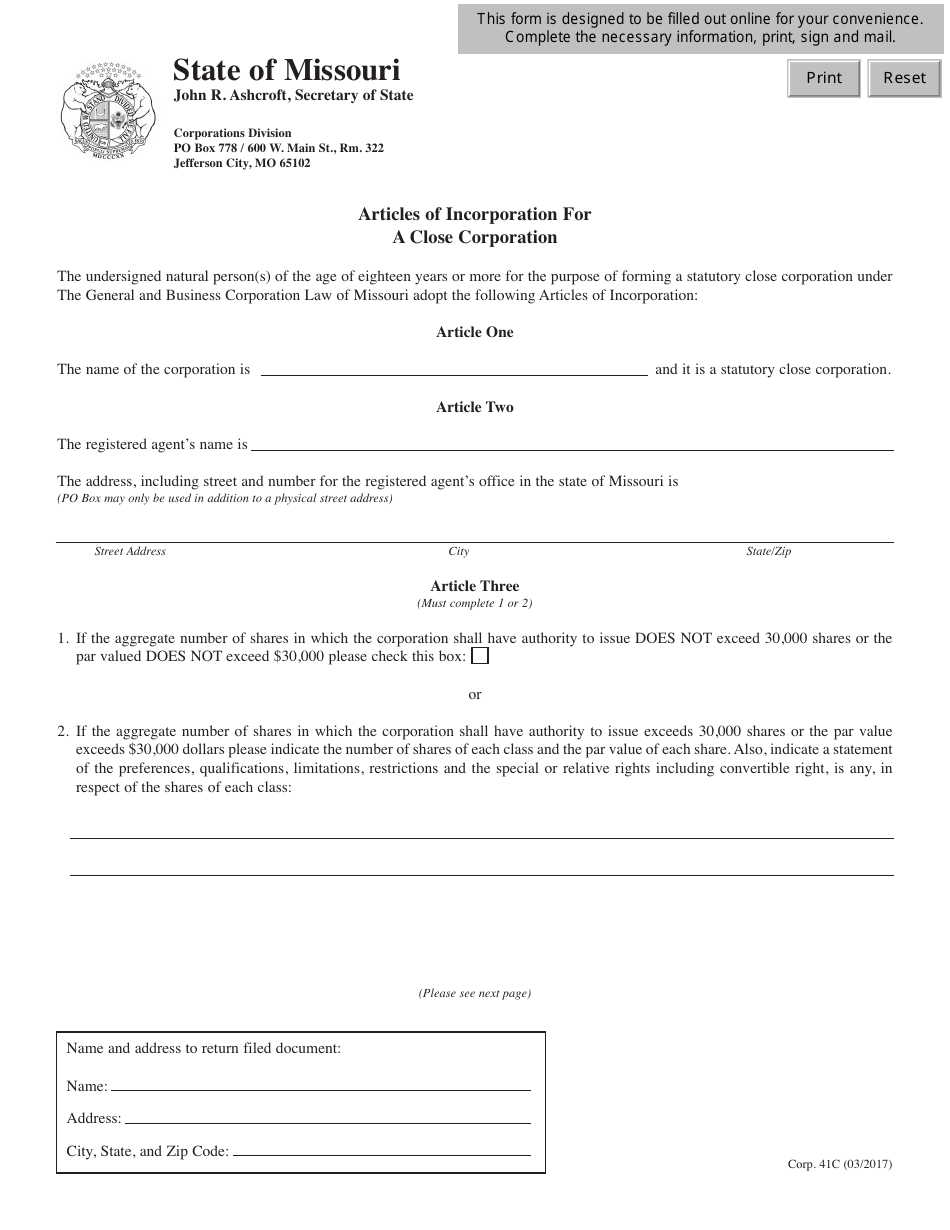 Form CORP.41C Articles of Incorporation for a Close Corporation - Missouri, Page 1